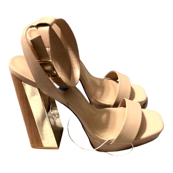 Aldo tan open toe stacked gold mirrored wooden platform heels size 10‎ brand new - Picture 3 of 14